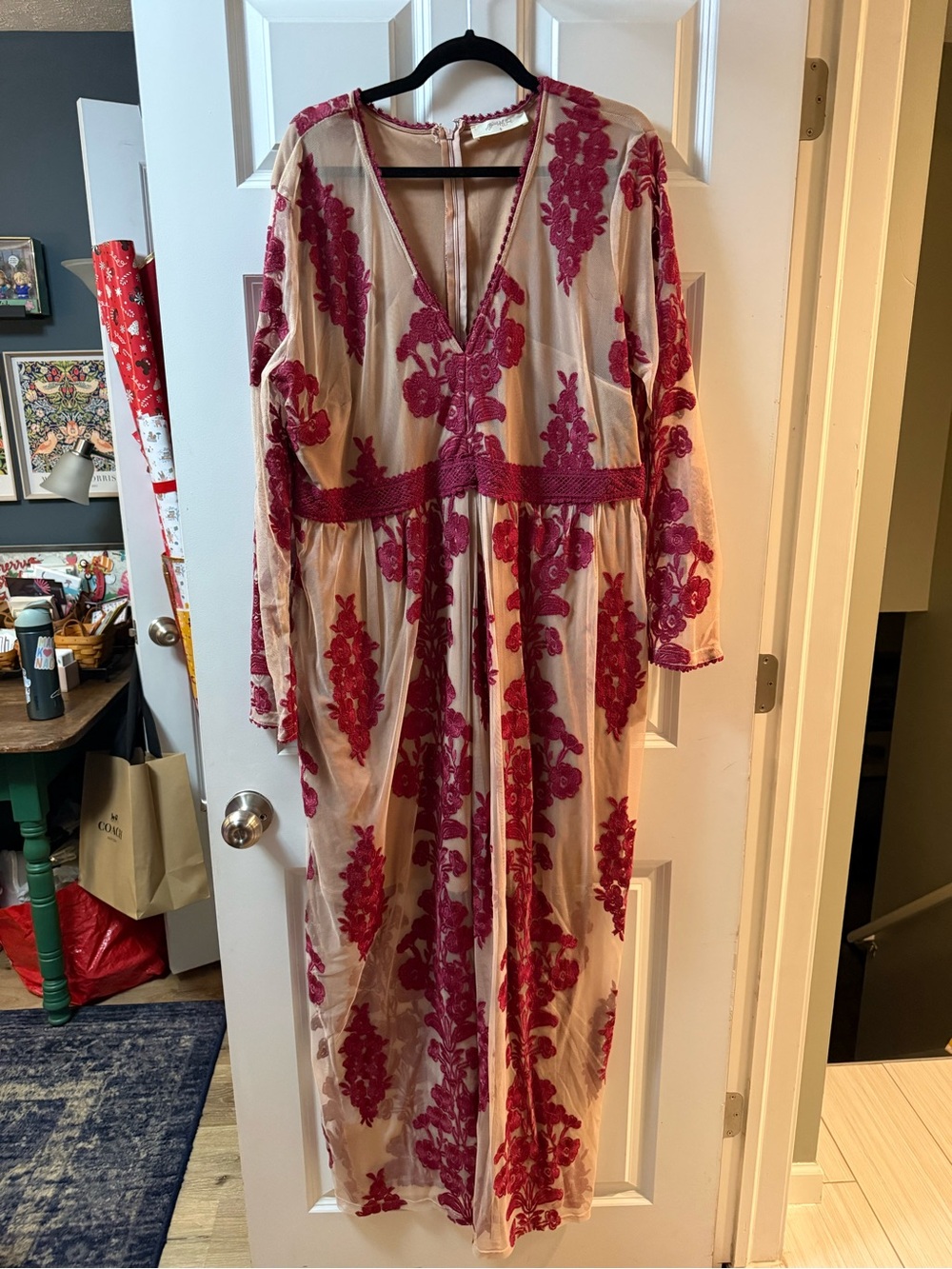 ARULA Cream Maxi Dress with Wine Floral Embroidery